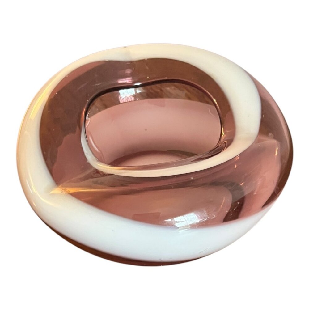 Vintage Arnart Creation Hand Blown Purple White Swirl Art Glass Bowl Ashtray Tri